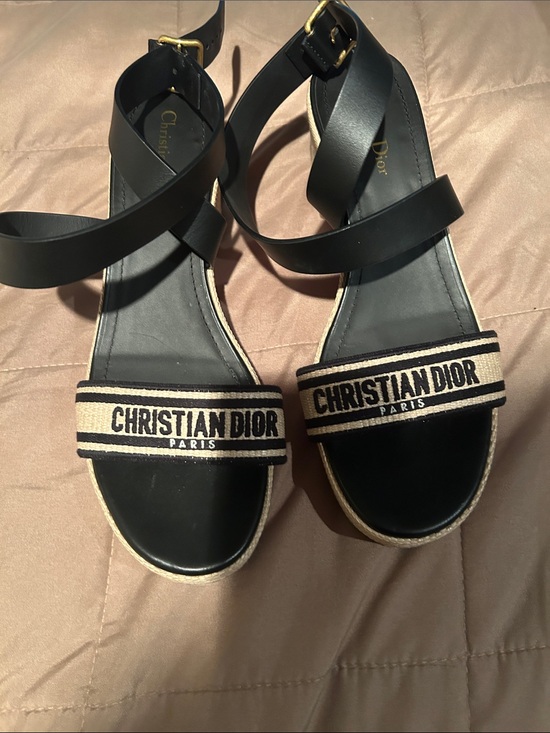 Dior Shoes - Dior Black Leather Sandals with Beige Logo Strap